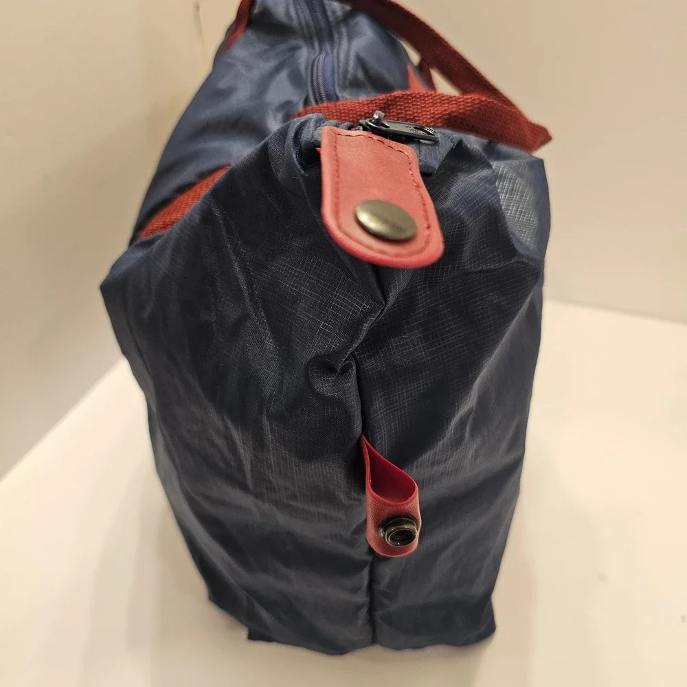 Pierre Cardin Navy Blue Ripstop Nylon Duffel Bag Burgundy Handles Weekend Travel